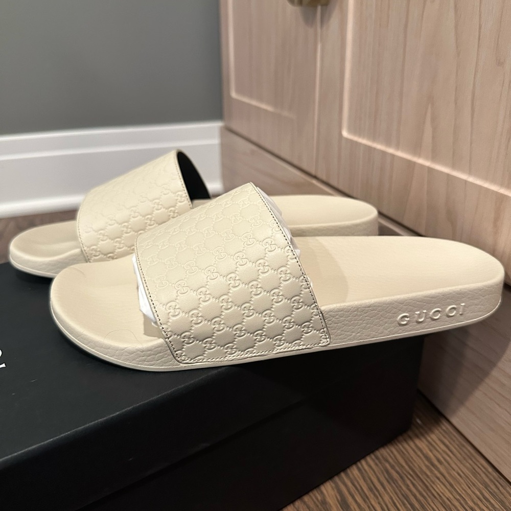 Gucci Cream Embossed GG Slide Sandals